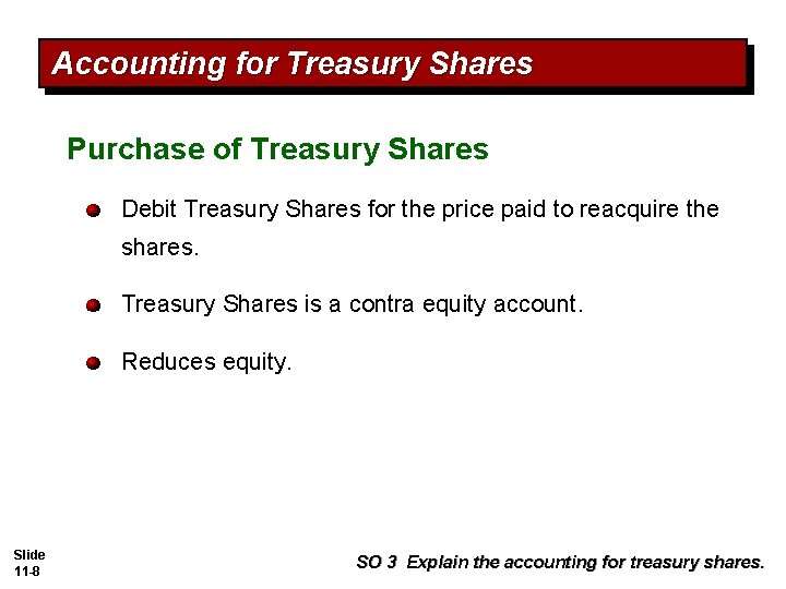 Accounting for Treasury Shares Purchase of Treasury Shares Debit Treasury Shares for the price Accounting for Treasury Shares Purchase of Treasury Shares Debit Treasury Shares for the price