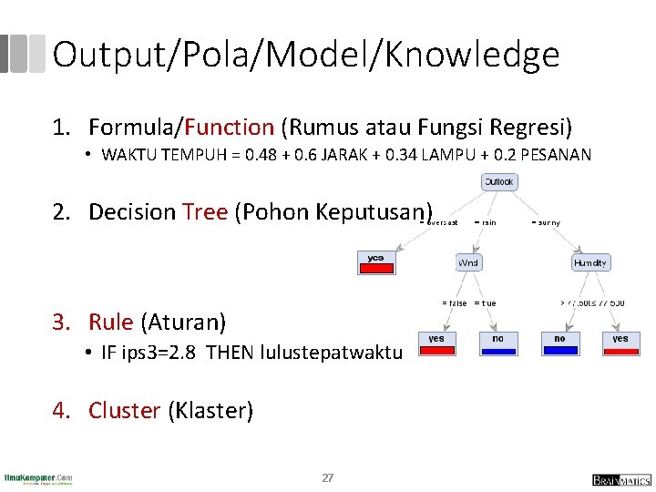 Output/Pola/Model/Knowledge 1. Formula/Function (Rumus atau Fungsi Regresi) • WAKTU TEMPUH = 0. 48 +