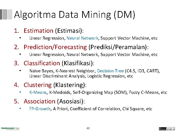 Algoritma Data Mining (DM) 1. Estimation (Estimasi): • Linear Regression, Neural Network, Support Vector