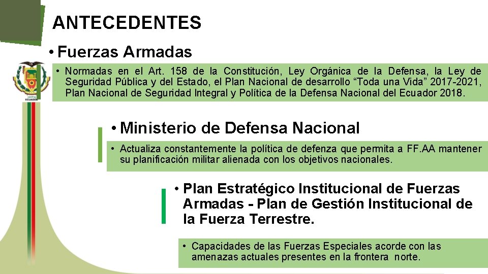 ANTECEDENTES • Fuerzas Armadas • Normadas en el Art. 158 de la Constitución, Ley