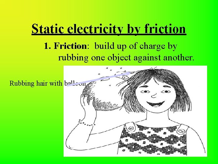 Static electricity by friction 1. Friction: build up of charge by rubbing one object