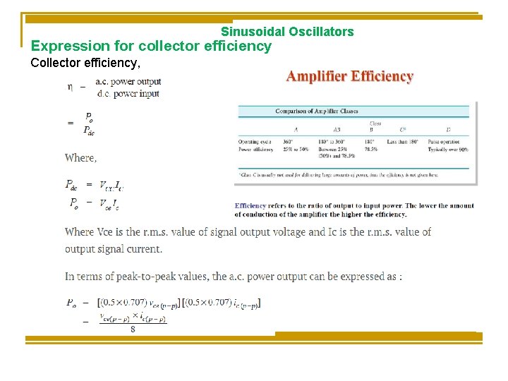 Sinusoidal Oscillators Expression for collector efficiency Collector efficiency, 