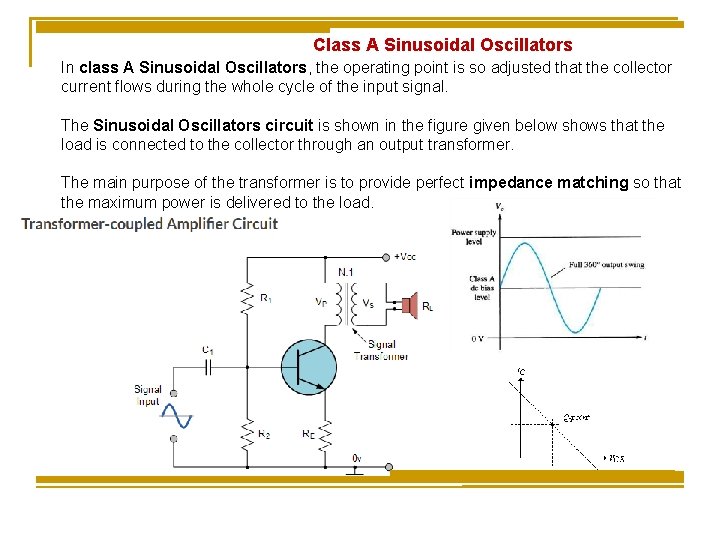 Class A Sinusoidal Oscillators In class A Sinusoidal Oscillators, the operating point is so