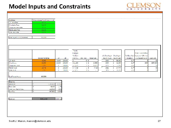 Model Inputs and Constraints Scott J. Mason, mason@clemson. edu 27 