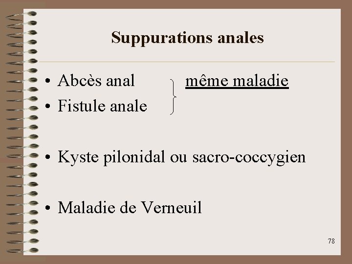 Suppurations anales • Abcès anal • Fistule anale même maladie • Kyste pilonidal ou