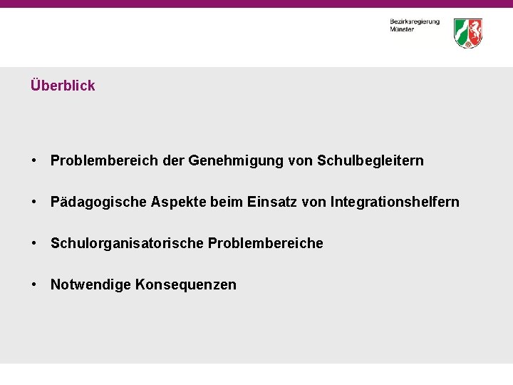 Überblick • Problembereich der Genehmigung von Schulbegleitern • Pädagogische Aspekte beim Einsatz von Integrationshelfern