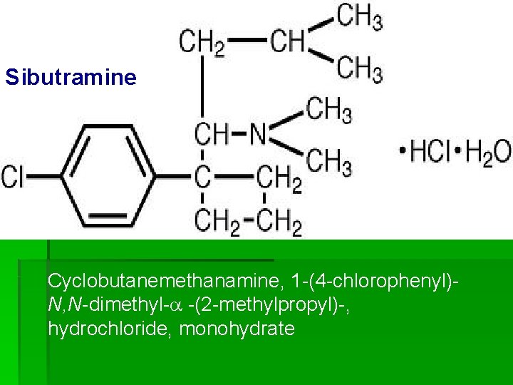 Sibutramine Cyclobutanemethanamine, 1 -(4 -chlorophenyl)N, N-dimethyl-a -(2 -methylpropyl)-, hydrochloride, monohydrate 