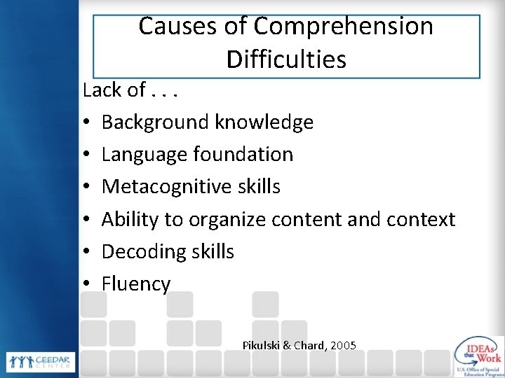 Causes of Comprehension Difficulties Lack of. . . • Background knowledge • Language foundation