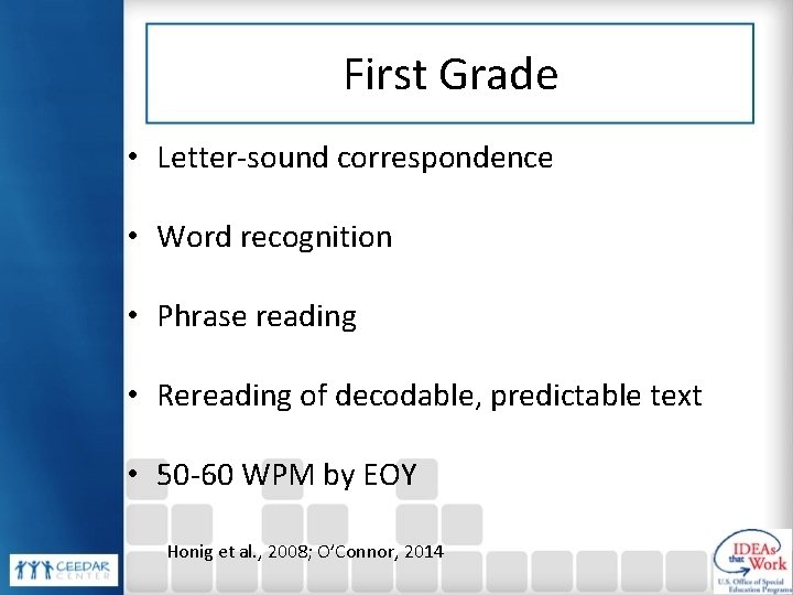 First Grade • Letter-sound correspondence • Word recognition • Phrase reading • Rereading of