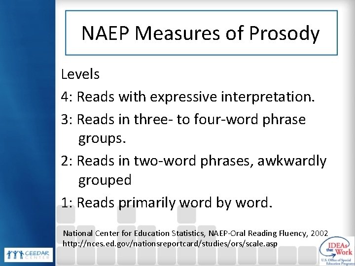 NAEP Measures of Prosody Levels 4: Reads with expressive interpretation. 3: Reads in three-