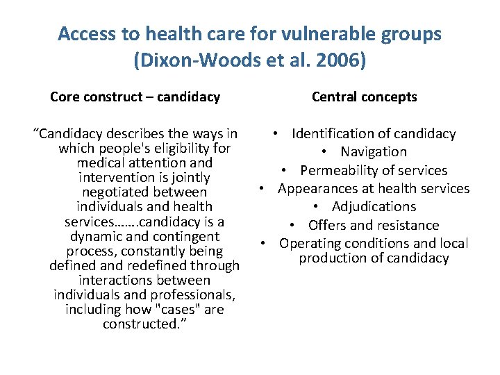 Access to health care for vulnerable groups (Dixon-Woods et al. 2006) Core construct –