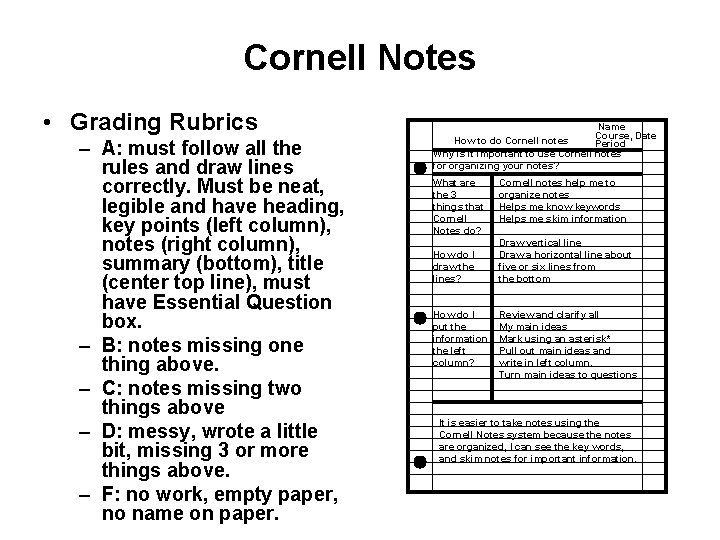 Cornell Notes • Grading Rubrics – A: must follow all the rules and draw