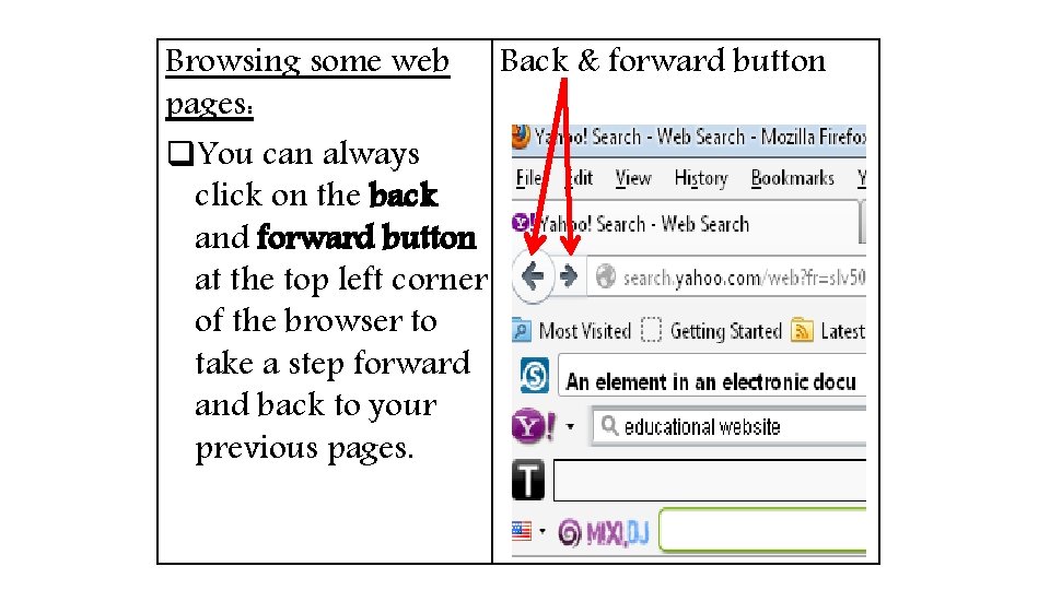 Browsing some web Back & forward button pages: q. You can always click on