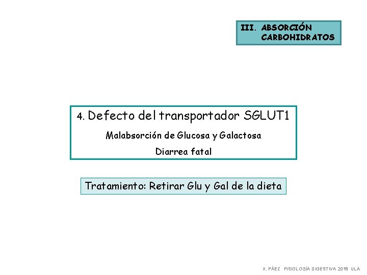 III. ABSORCIÓN CARBOHIDRATOS 4. Defecto del transportador SGLUT 1 Malabsorción de Glucosa y Galactosa III. ABSORCIÓN CARBOHIDRATOS 4. Defecto del transportador SGLUT 1 Malabsorción de Glucosa y Galactosa