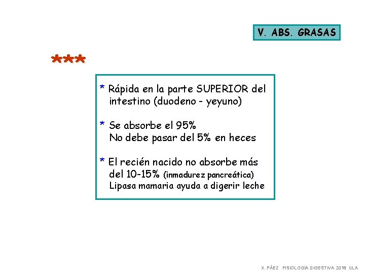 V. ABS. GRASAS *** * Rápida en la parte SUPERIOR del intestino (duodeno -