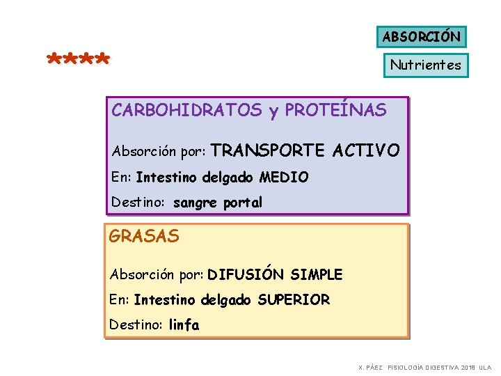 ABSORCIÓN **** Nutrientes CARBOHIDRATOS y PROTEÍNAS Absorción por: TRANSPORTE ACTIVO En: Intestino delgado MEDIO