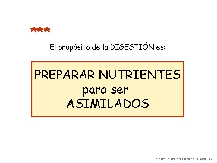 *** El propósito de la DIGESTIÓN es: PREPARAR NUTRIENTES para ser ASIMILADOS X. PÁEZ