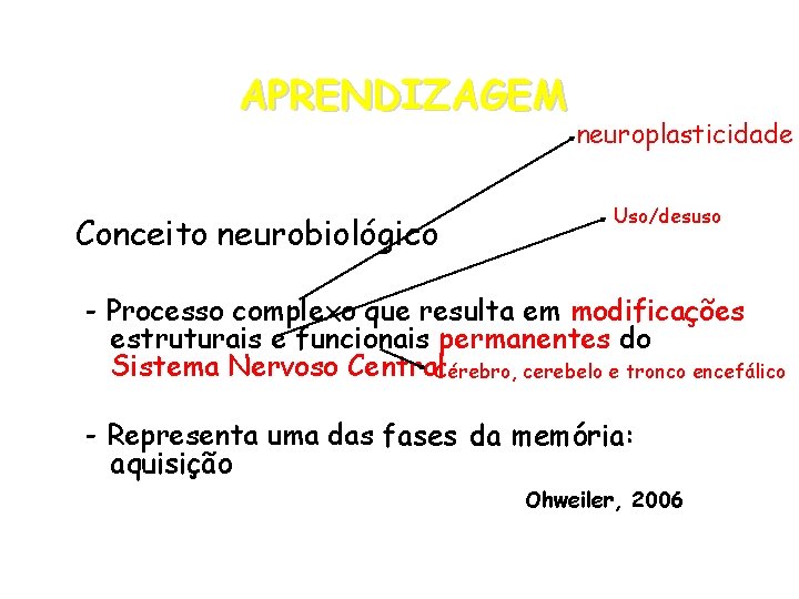 APRENDIZAGEM Conceito neurobiológico neuroplasticidade Uso/desuso - Processo complexo que resulta em modificações estruturais e