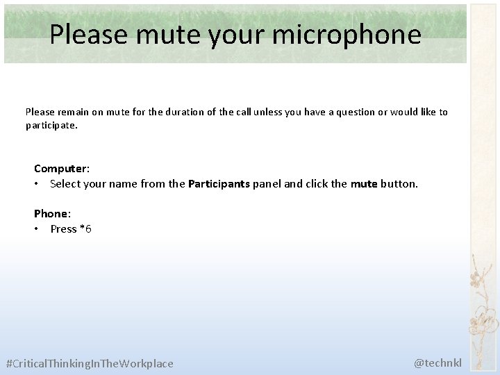 Please mute your microphone Please remain on mute for the duration of the call