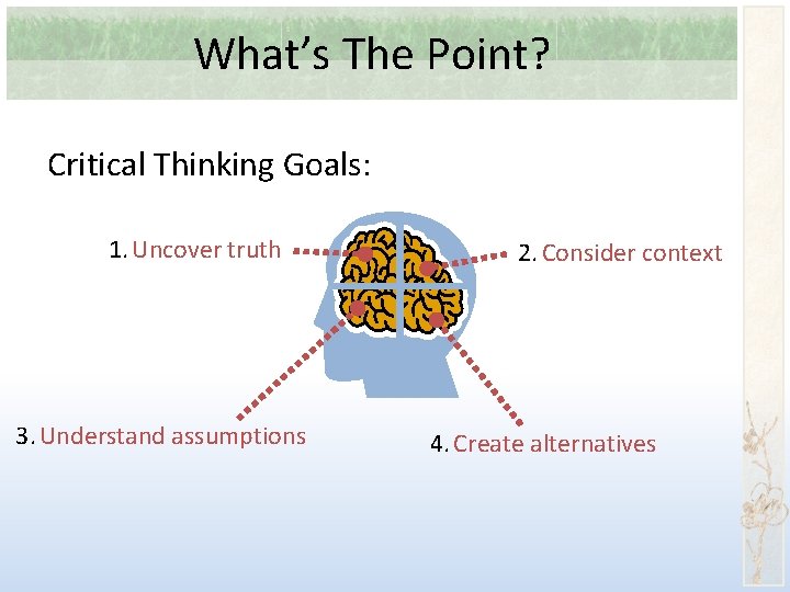 What’s The Point? Critical Thinking Goals: 1. Uncover truth 3. Understand assumptions 2. Consider