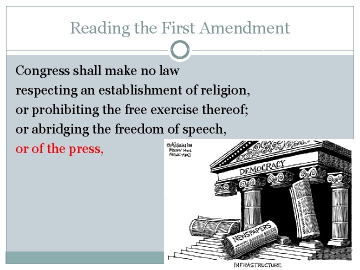 Reading the First Amendment Congress shall make no law respecting an establishment of religion,