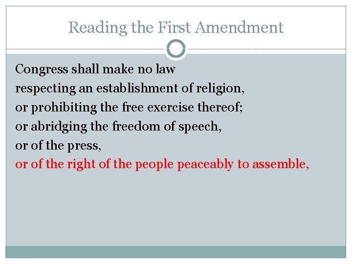 Reading the First Amendment Congress shall make no law respecting an establishment of religion,