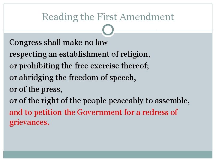 Reading the First Amendment Congress shall make no law respecting an establishment of religion,