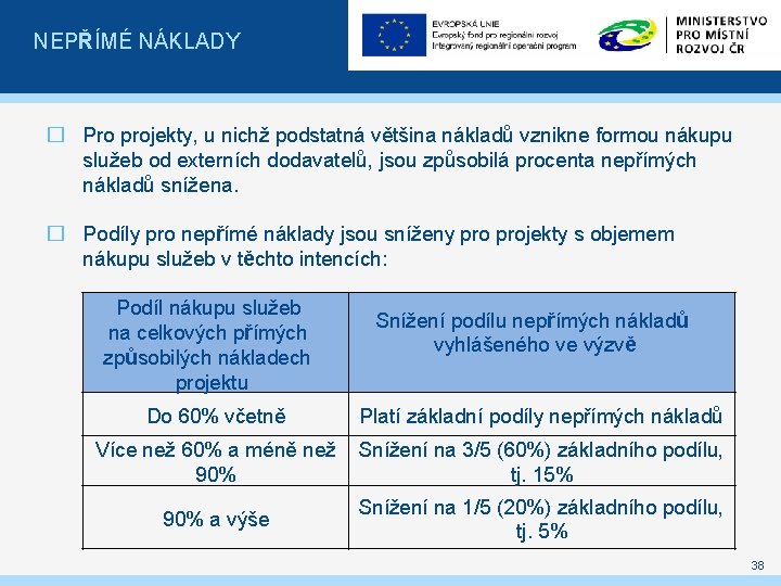 NEPŘÍMÉ NÁKLADY � Pro projekty, u nichž podstatná většina nákladů vznikne formou nákupu služeb