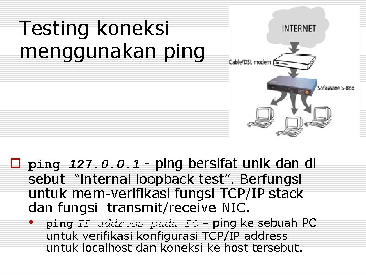 Testing koneksi menggunakan ping o ping 127. 0. 0. 1 - ping bersifat unik