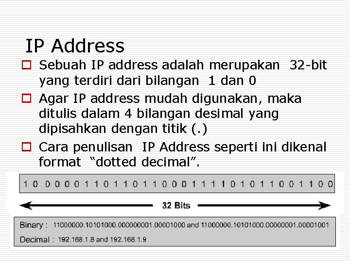 IP Address o Sebuah IP address adalah merupakan 32 -bit yang terdiri dari bilangan