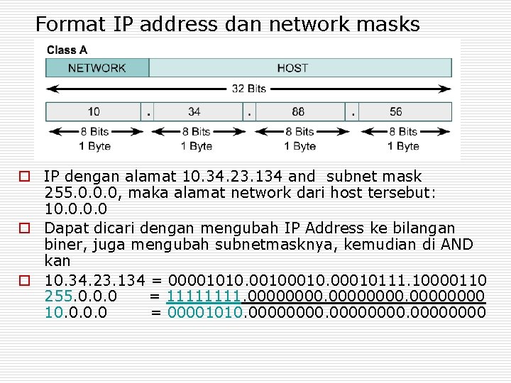 Format IP address dan network masks o IP dengan alamat 10. 34. 23. 134