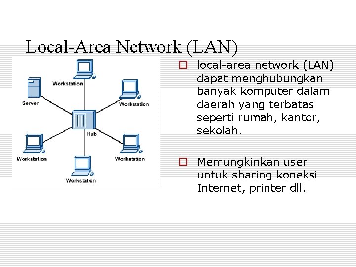 Local-Area Network (LAN) o local-area network (LAN) dapat menghubungkan banyak komputer dalam daerah yang