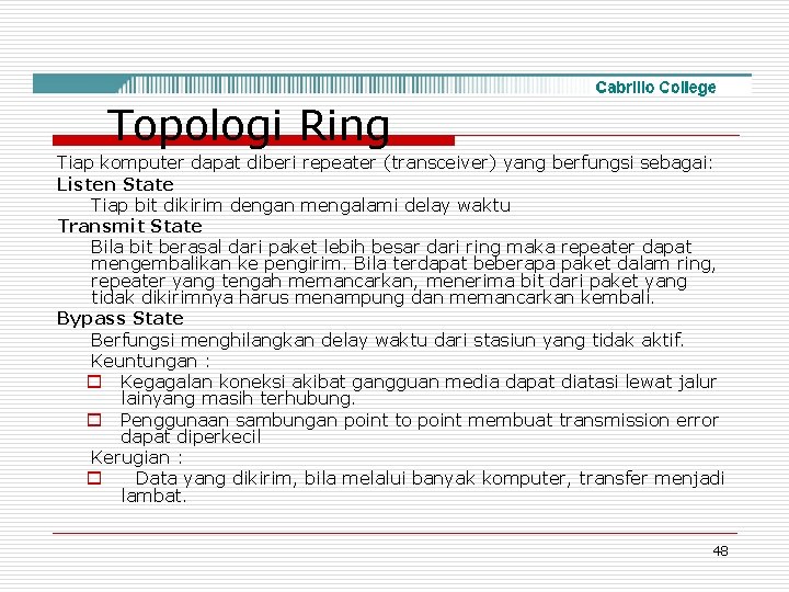 Topologi Ring Tiap komputer dapat diberi repeater (transceiver) yang berfungsi sebagai: Listen State Tiap