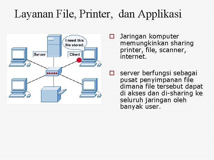 Layanan File, Printer, dan Applikasi o Jaringan komputer memungkinkan sharing printer, file, scanner, internet.