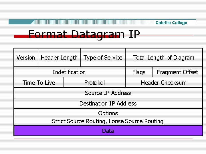 Format Datagram IP Version Header Length Type of Service Indetification Time To Live Total