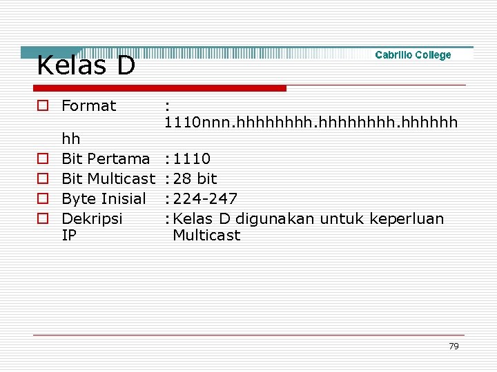 Kelas D o Format o o hh Bit Pertama Bit Multicast Byte Inisial Dekripsi