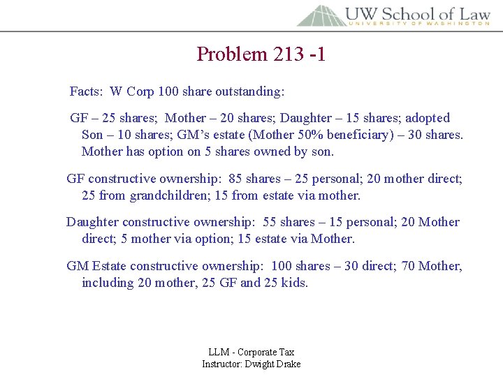 Problem 213 -1 Facts: W Corp 100 share outstanding: GF – 25 shares; Mother