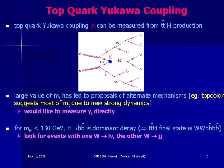 Top Quark Yukawa Coupling n top quark Yukawa coupling yt can be measured from