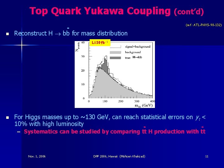 Top Quark Yukawa Coupling (cont’d) (ref: ATL-PHYS-98 -132) n Reconstruct H bb for mass