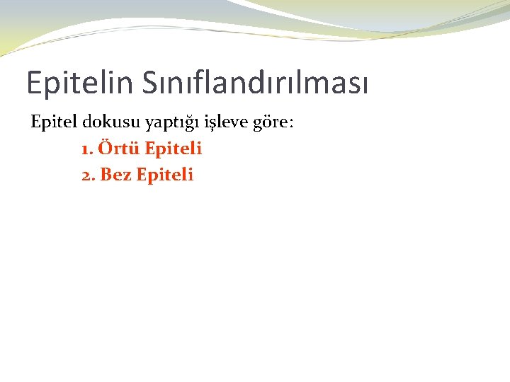 Epitelin Sınıflandırılması Epitel dokusu yaptığı işleve göre: 1. Örtü Epiteli 2. Bez Epiteli 