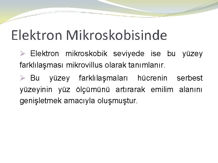 Elektron Mikroskobisinde Ø Elektron mikroskobik seviyede ise bu yüzey farklılaşması mikrovillus olarak tanımlanır. Ø