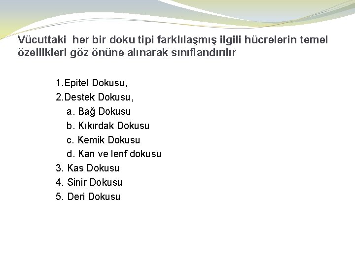 Vücuttaki her bir doku tipi farklılaşmış ilgili hücrelerin temel özellikleri göz önüne alınarak sınıflandırılır