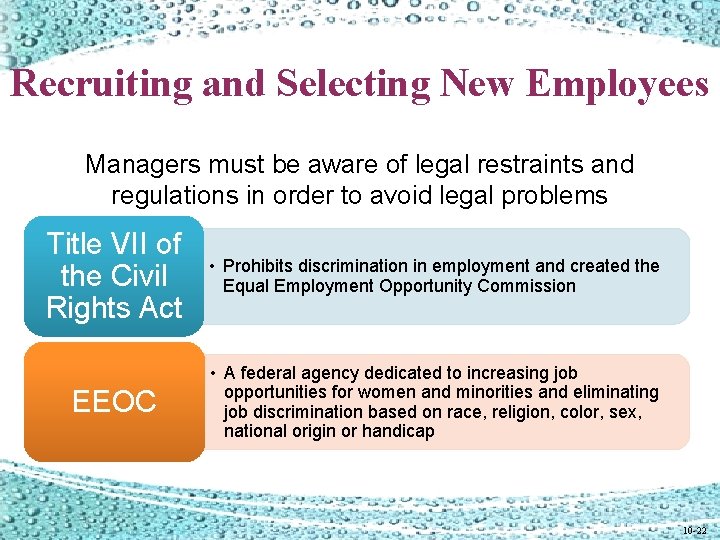 Recruiting and Selecting New Employees Managers must be aware of legal restraints and regulations Recruiting and Selecting New Employees Managers must be aware of legal restraints and regulations