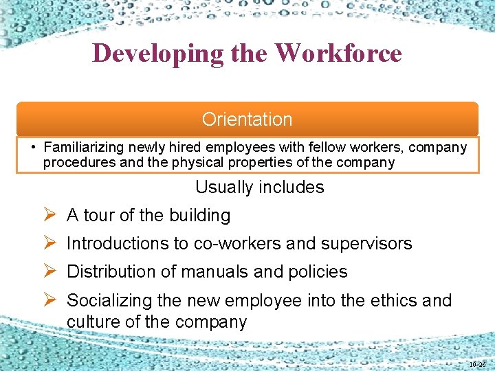 Developing the Workforce Orientation • Familiarizing newly hired employees with fellow workers, company procedures Developing the Workforce Orientation • Familiarizing newly hired employees with fellow workers, company procedures