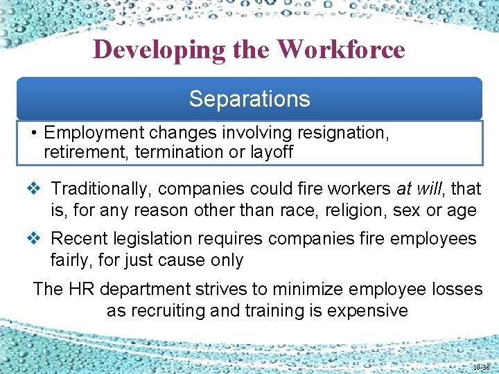 Developing the Workforce Separations • Employment changes involving resignation, retirement, termination or layoff v Developing the Workforce Separations • Employment changes involving resignation, retirement, termination or layoff v