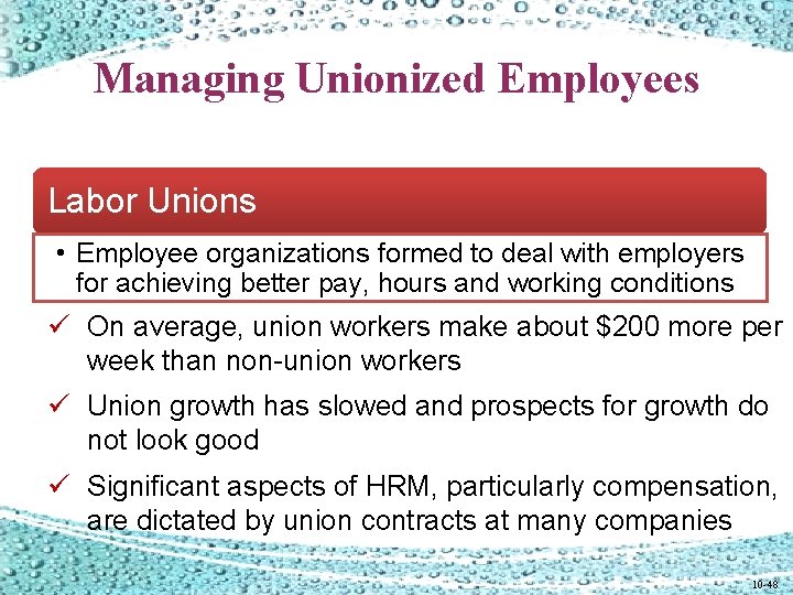 Managing Unionized Employees Labor Unions • Employee organizations formed to deal with employers for Managing Unionized Employees Labor Unions • Employee organizations formed to deal with employers for