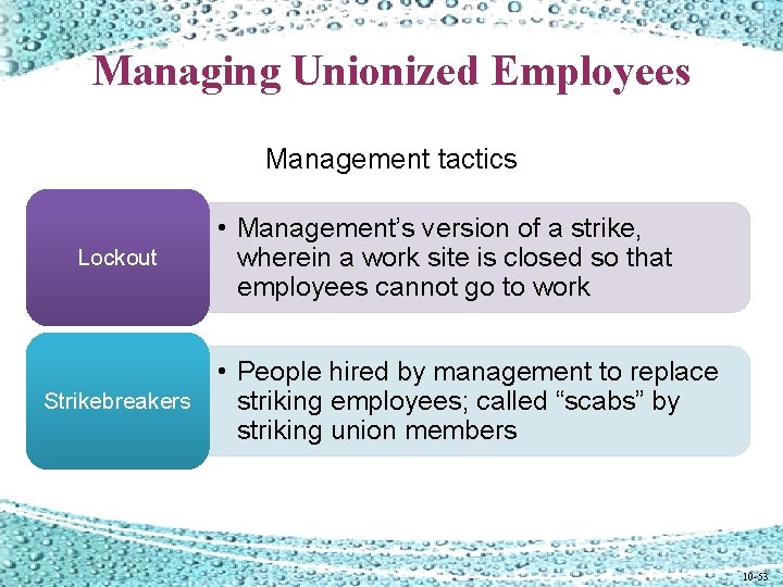 Managing Unionized Employees Management tactics Lockout • Management’s version of a strike, wherein a Managing Unionized Employees Management tactics Lockout • Management’s version of a strike, wherein a