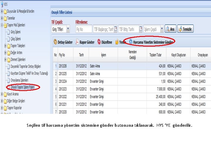 Seçilen tif harcama yönetim sistemine gönder butonuna tıklanarak. HYS ‘YE gönderilir. 