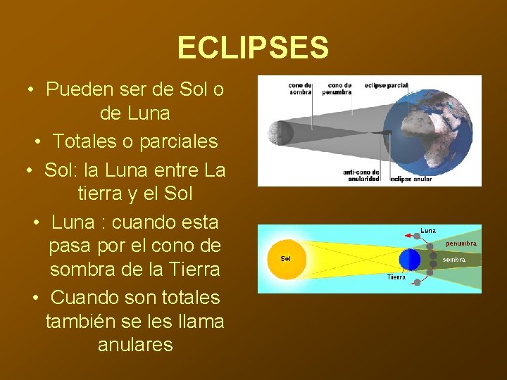 ECLIPSES • Pueden ser de Sol o de Luna • Totales o parciales •