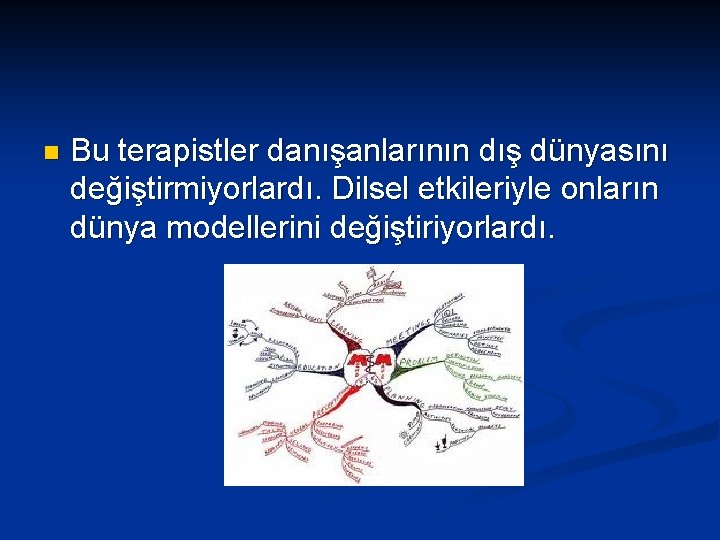 n Bu terapistler danışanlarının dış dünyasını değiştirmiyorlardı. Dilsel etkileriyle onların dünya modellerini değiştiriyorlardı. 